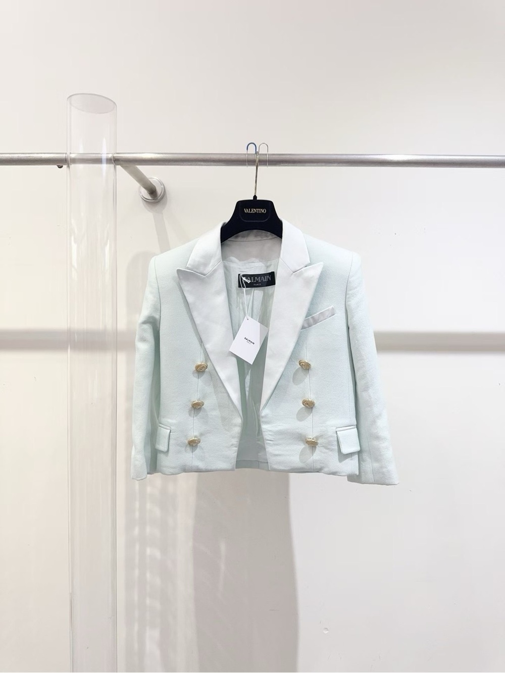 Balmain Cropped Double-Breasted Blazer in Pale Mint Green with Gold Buttons